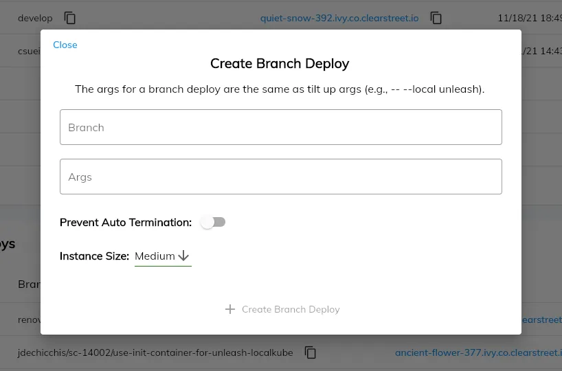Creating a branch deploy in the Ivy web UI Creating a branch deploy in the Ivy web UI