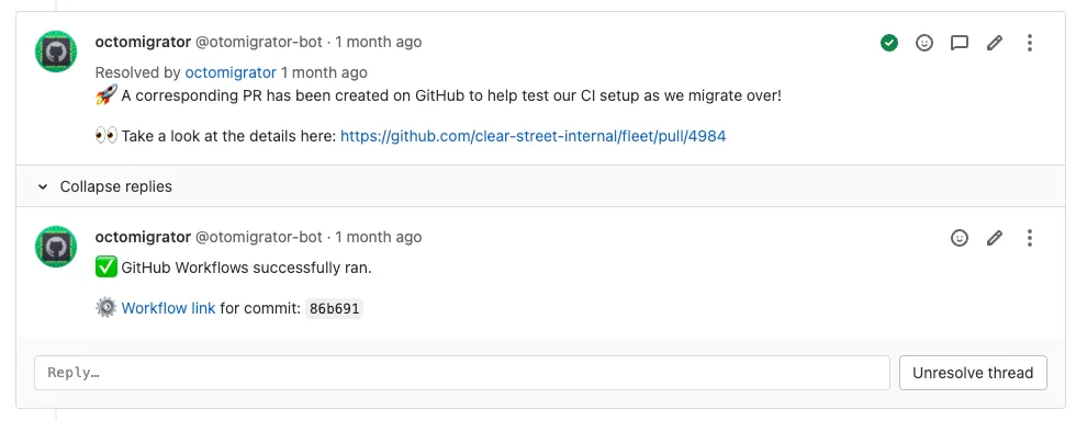 An example of a comment by our tool, Octomigrator, that created a GitHub PR for a GitLab MR and reported the result from GitHub CI. An example of a comment by our tool, Octomigrator, that created a GitHub PR for a GitLab MR and reported the result from GitHub CI.